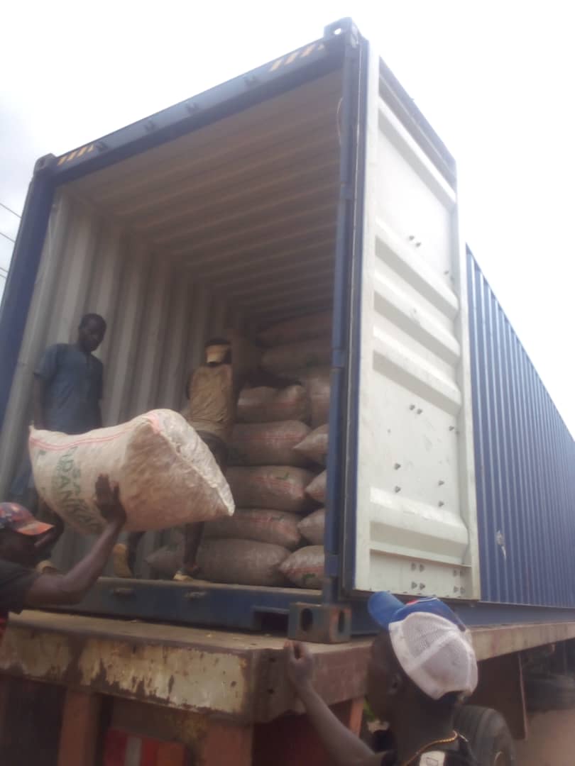 Workers loading white sacks of agricultural produce into a blue shipping container